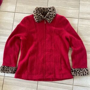 Carole little 100% wool zip up jacket with leopard trim size large